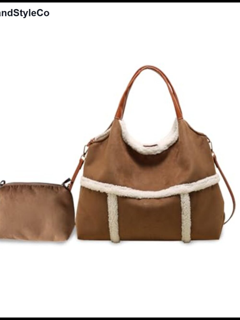 Suede Tote Shoulder Bag with Lamb Wool Crossbody Large Handbag & Coin Purse Set
